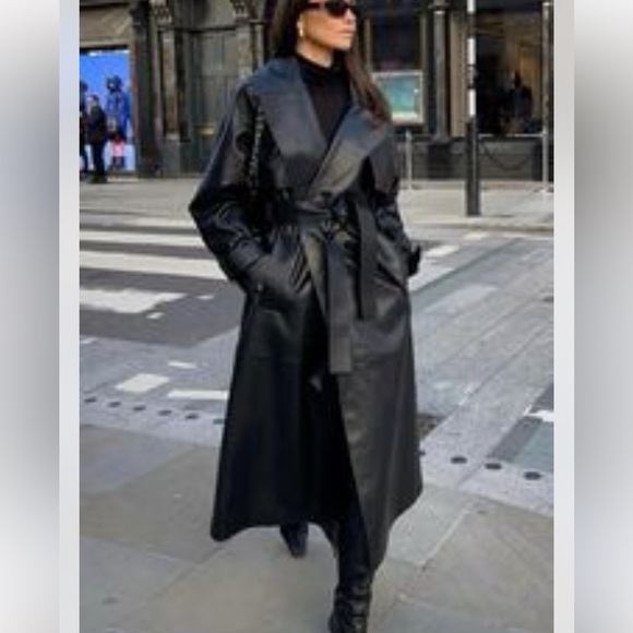 ShopEvelynne Jackets & Blazers - Black Fabulous Faux Leather Long Trench Coat